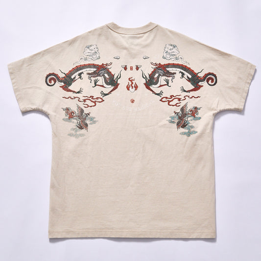customized High Quality T shirt breathable anti-transparent thick cotton retro street layering tee full back double dragon phoenix cloud flame graphic print t-shirt cultural trend outfit wholesale custom graphic blank apparel