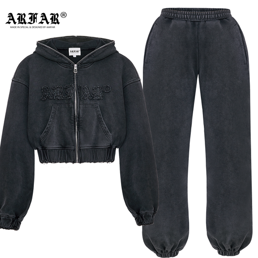 100% Cotton Acid Washed Blue Full Zip Up Hoodie Set