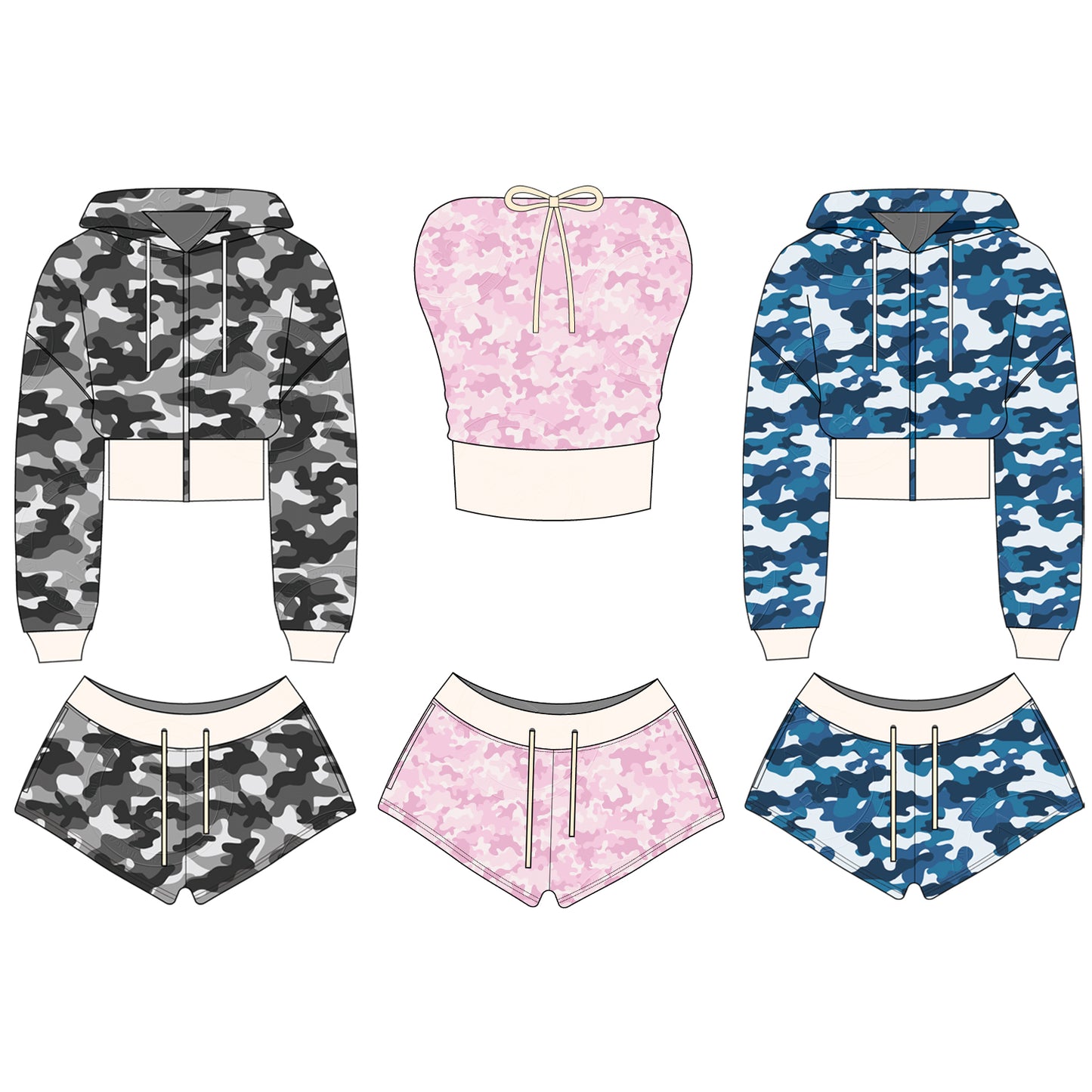 Women Camouflage Hoodie and Shorts Set Zip Heavyweight Cotton Fitness Cropped Long Sleeve Camo Shorts Set Casual Sweatshirt Set
