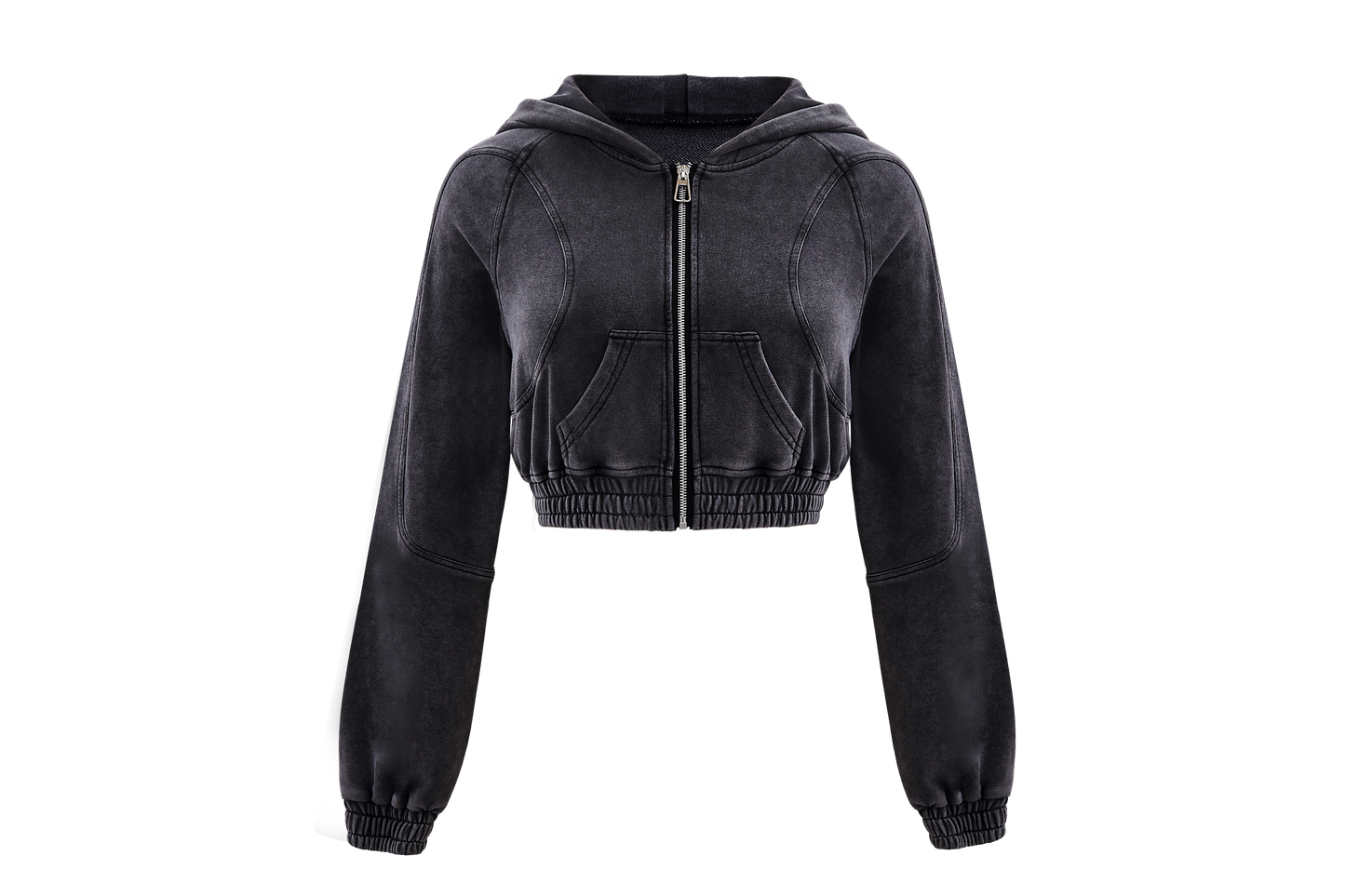 100% Cotton Acid Washed Crop Top Zip Up Hoodie