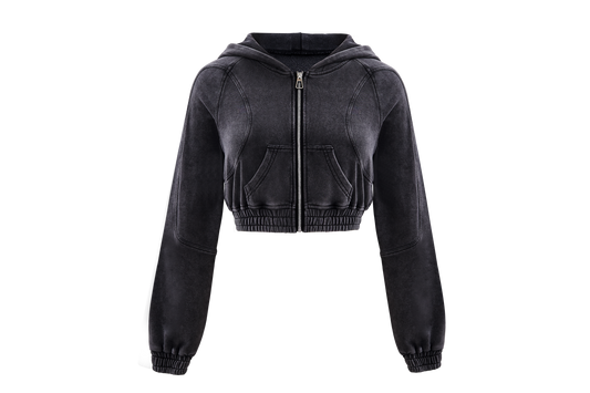 100% Cotton Acid Washed Crop Top Zip Up Hoodie