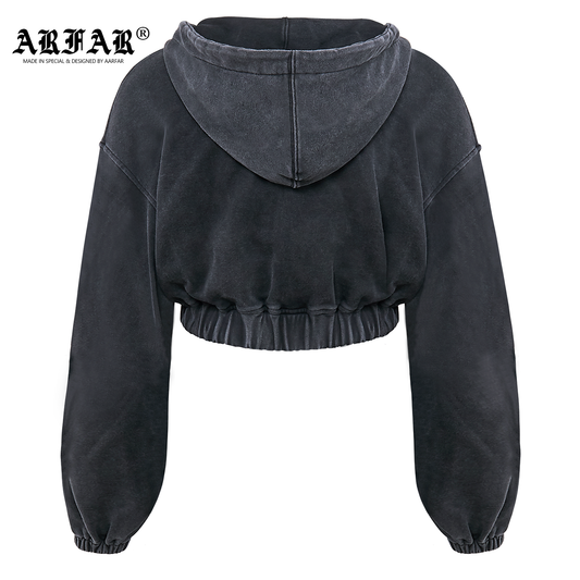 100% Cotton Acid Washed Black Crop Top Zip Up Hoodie