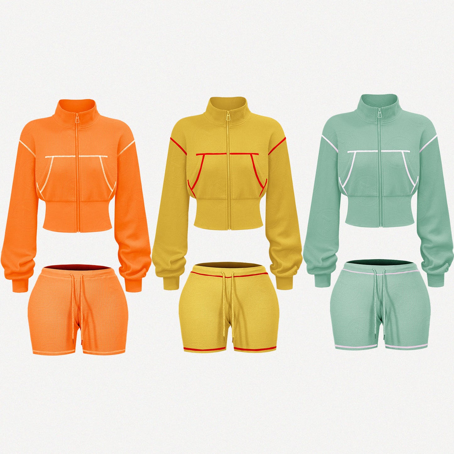 Custom Waffle Knit Girls Two Piece Set Summer 2025 Basic Zip up Jacket Embroidery Hoodie and Shorts Set Loungewear Women Sets
