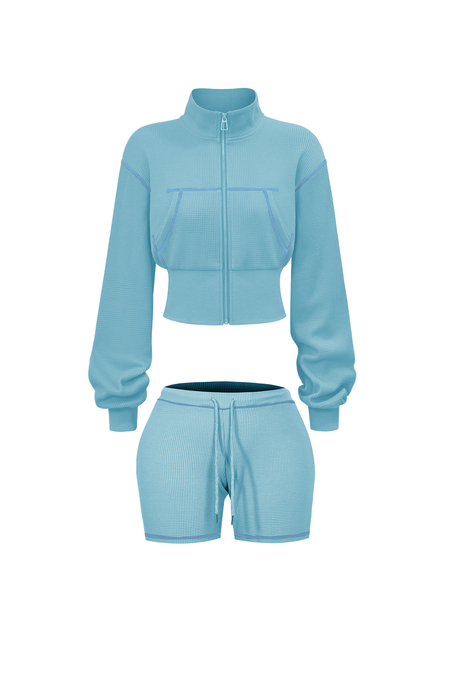 Custom Waffle Knit Girls Two Piece Set Summer 2025 Basic Zip up Jacket Embroidery Hoodie and Shorts Set Loungewear Women Sets