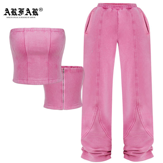 100% Cotton Acid Wash Tube Top Bodysuit And Straight Tube Wide Leg Sweatpants Set For Women