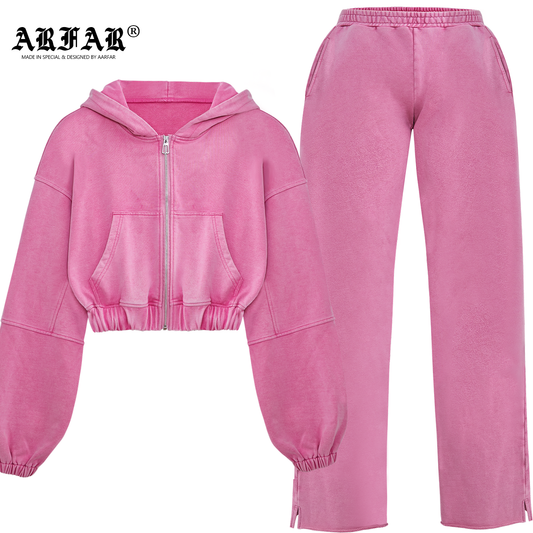 100% Cotton Women Acid Washed Black Side Slit Sweatpants Set