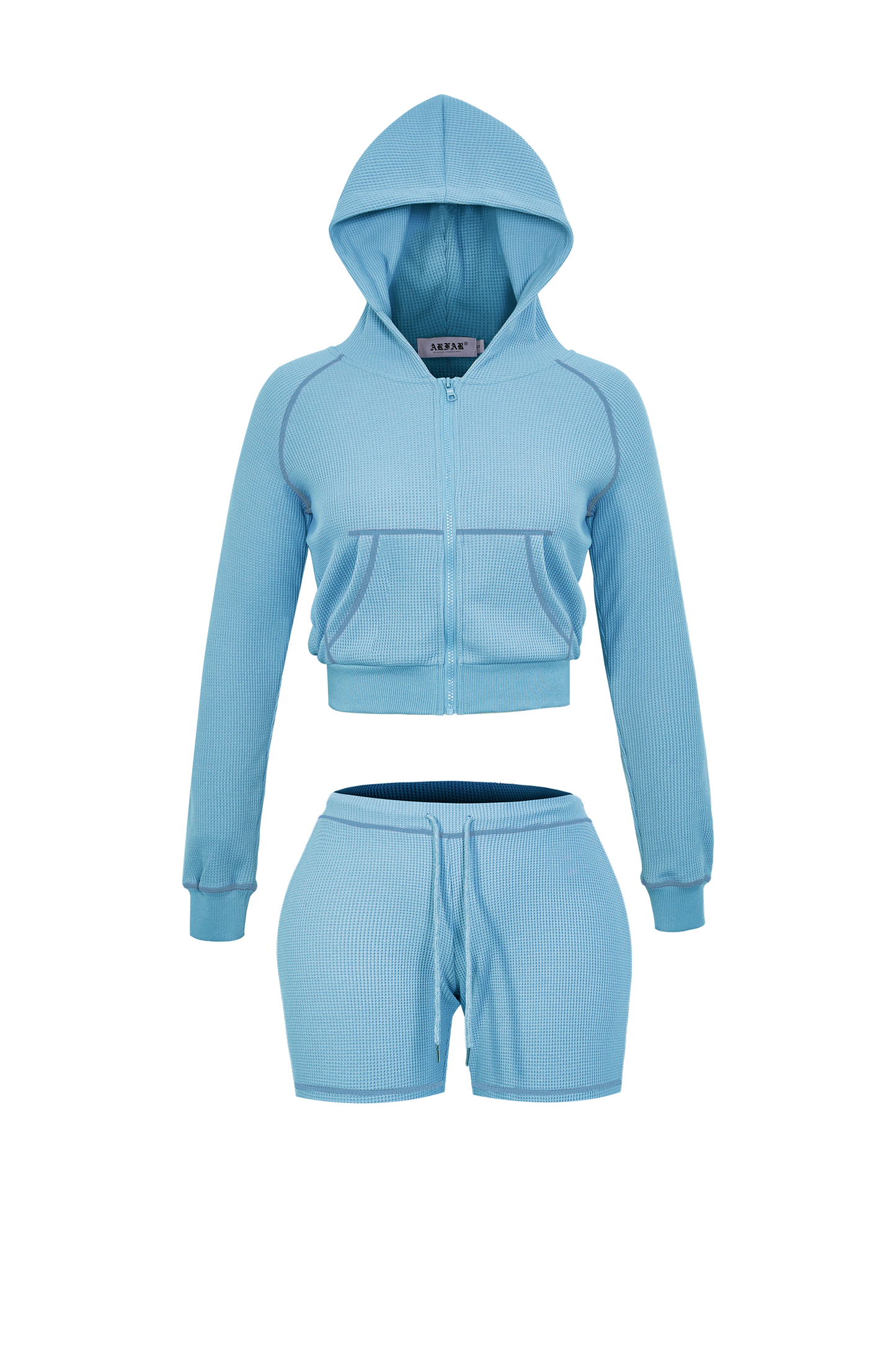 Waffle Knit Long Sleeve Hoodie Outfit Women Summer Outfit Custom Logo Zipper Basic Hoodie Jacket Shorts Two Piece Lounge Suit
