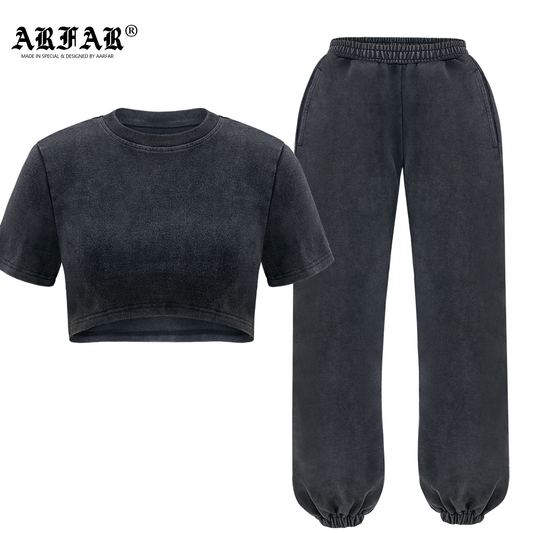 100% Cotton Acid Wash Navel Cropped Crop Tops And Jogger Pants Set For Women