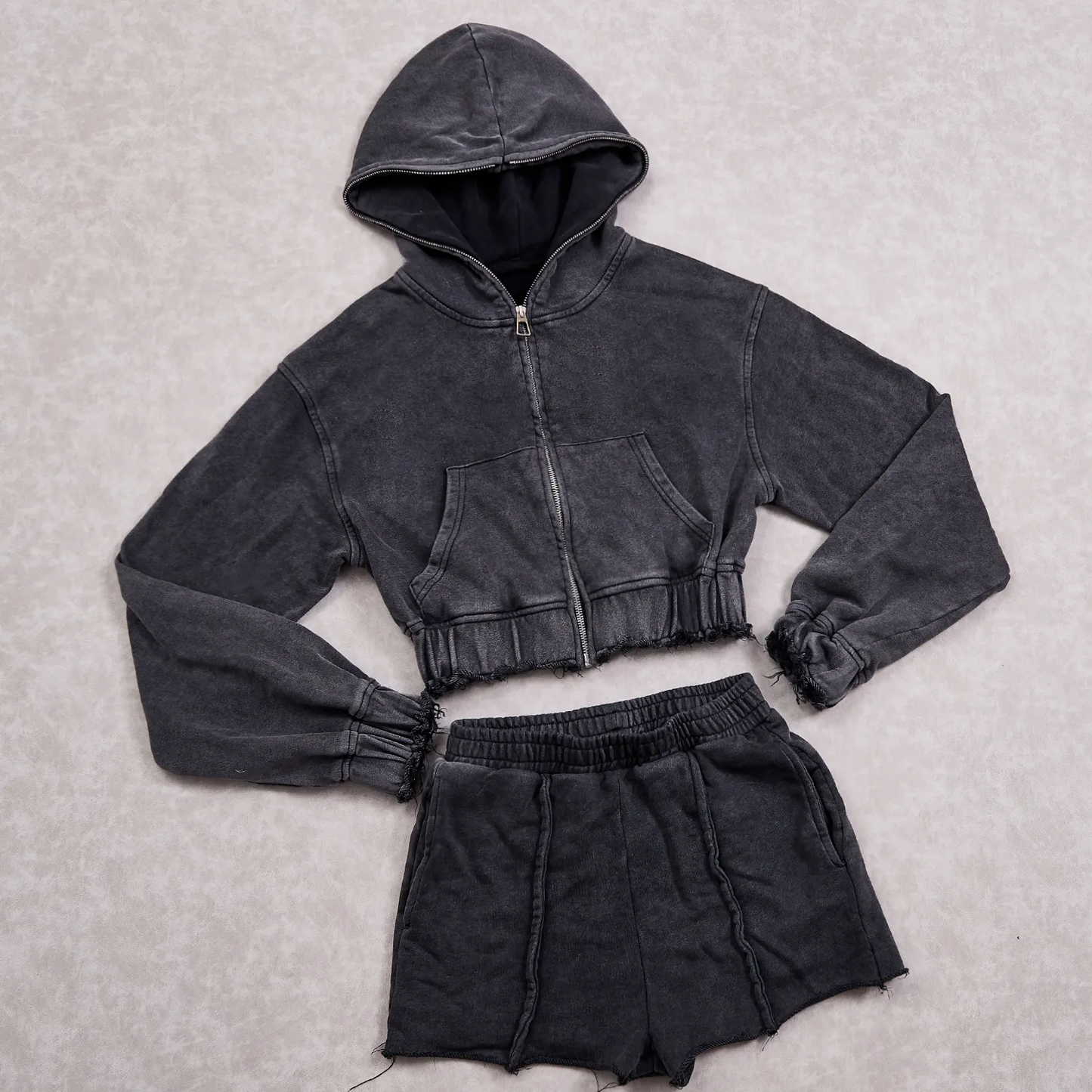 Blank Womens 2 Piece Velour Tracksuit Casual Long Sleeve Zip up Crop Top Acid Wash Distressed Hoodie and Shorts Set