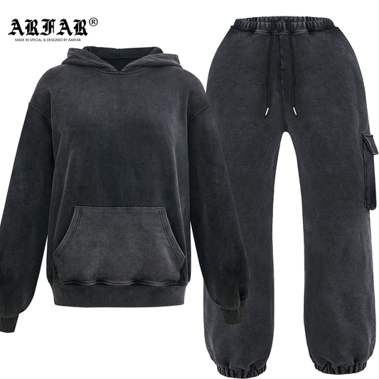100% Cotton Acid Washed Hooded Sweater And Pants With Pockets 2 Piece Set