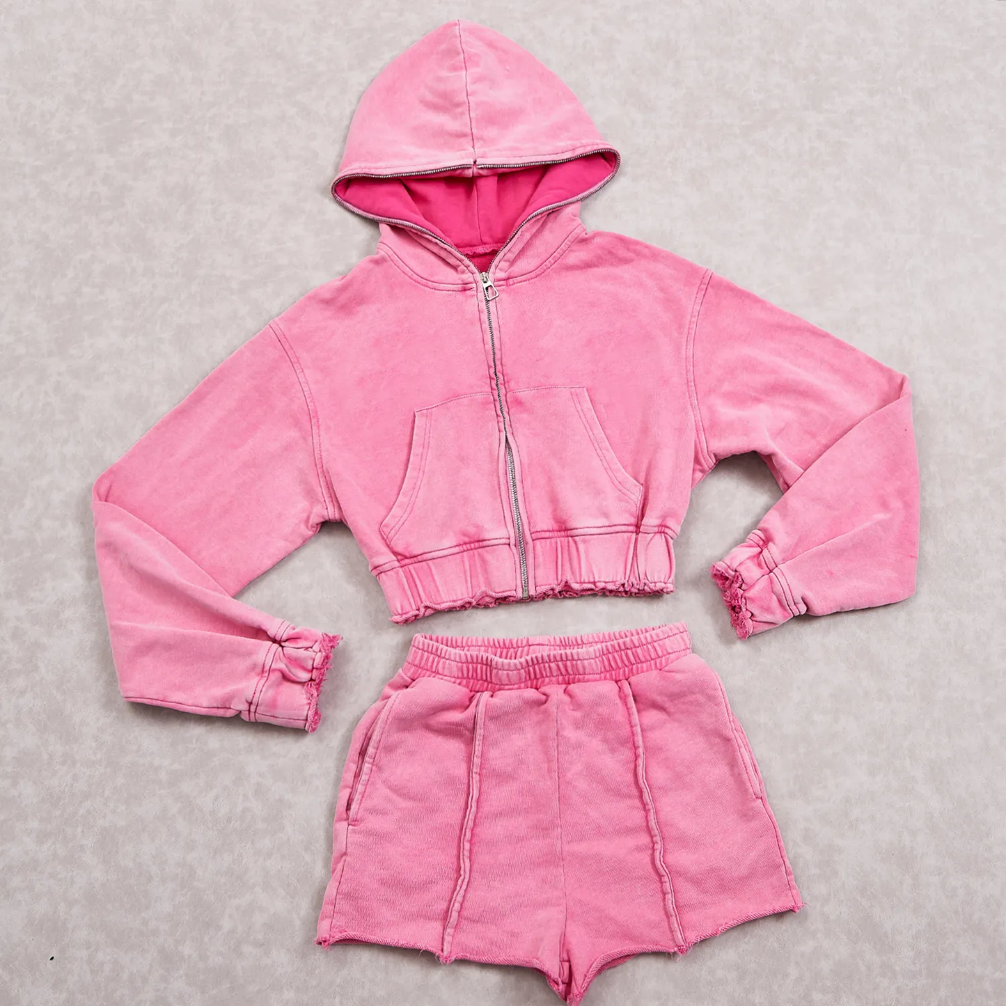 Blank Womens 2 Piece Velour Tracksuit Casual Long Sleeve Zip up Crop Top Acid Wash Distressed Hoodie and Shorts Set
