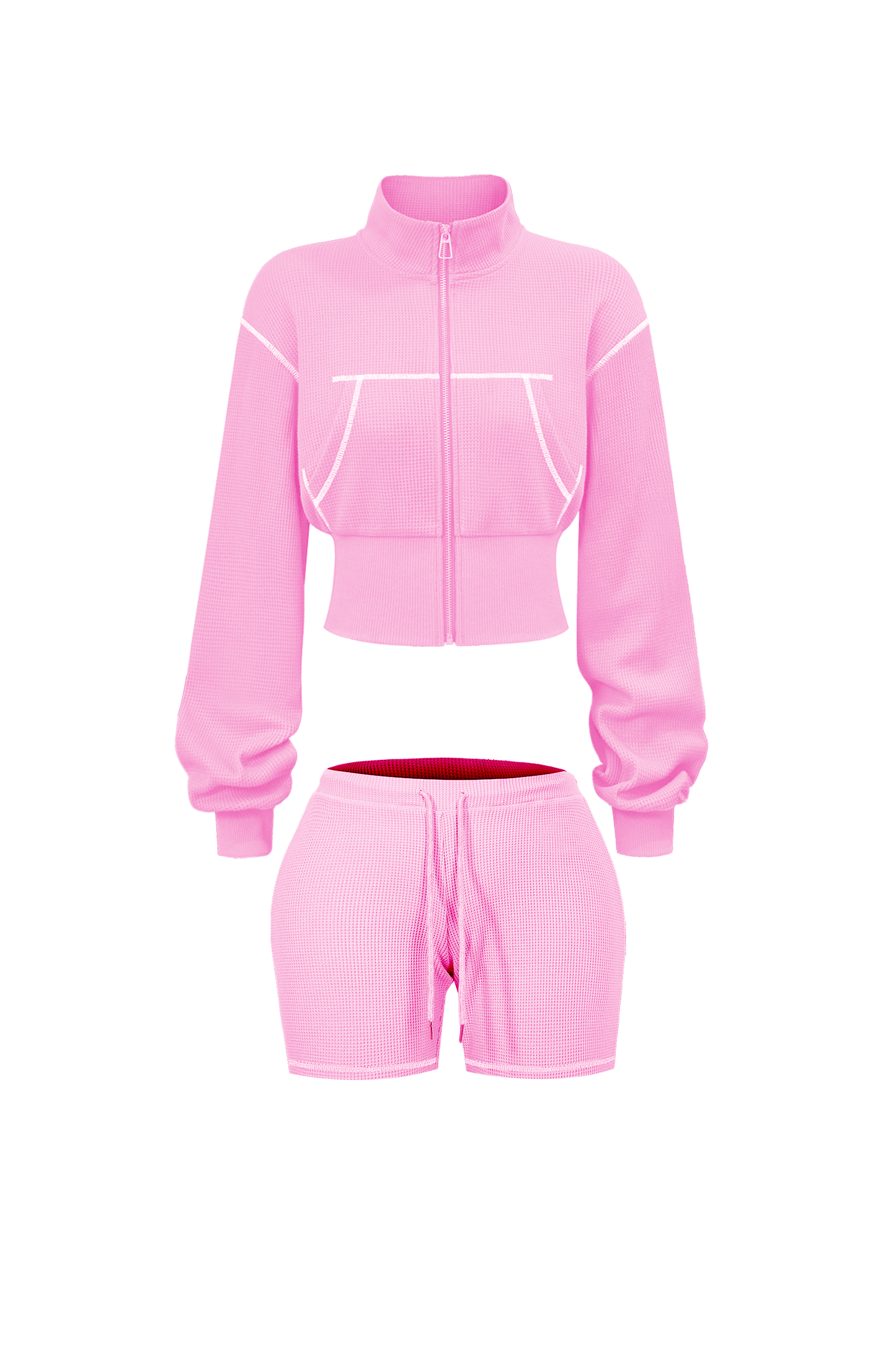 Custom Waffle Knit Girls Two Piece Set Summer 2025 Basic Zip up Jacket Embroidery Hoodie and Shorts Set Loungewear Women Sets
