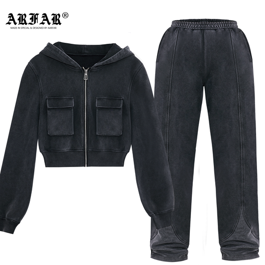 100% Cotton Acid Washed Crop Top Zip Up Hoodie With Pocket And Straight Tube Wide Leg Sweatpants Set For Women