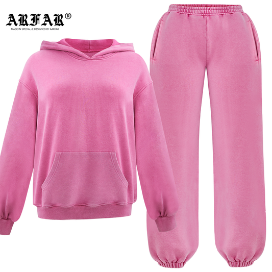 100% Cotton Acid Washed Hooded Sweater And Jogger Pants Set For Women