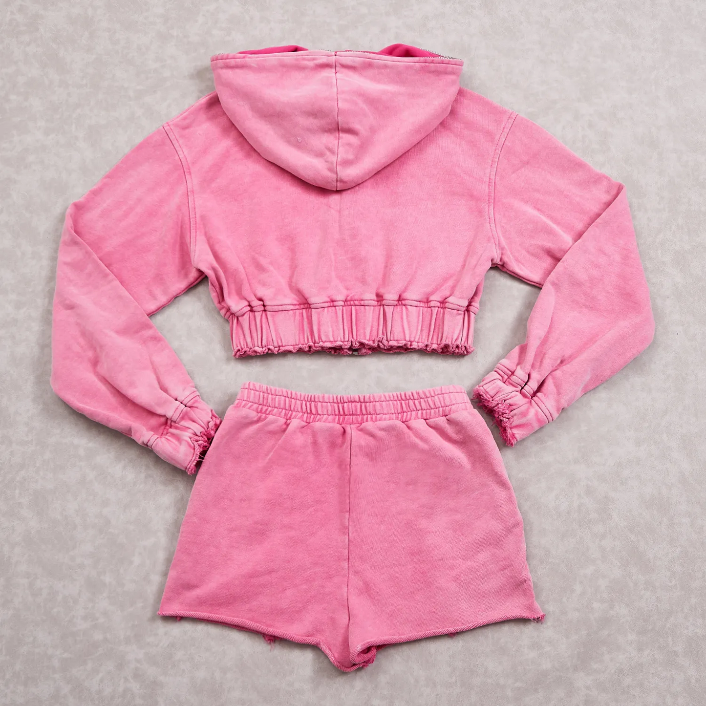 Blank Womens 2 Piece Velour Tracksuit Casual Long Sleeve Zip up Crop Top Acid Wash Distressed Hoodie and Shorts Set
