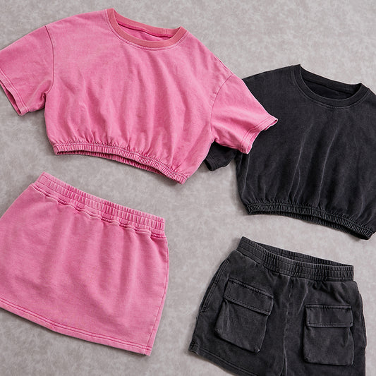 100% Cotton Acid Wash Vintage Skirt 2 Piece Set Women