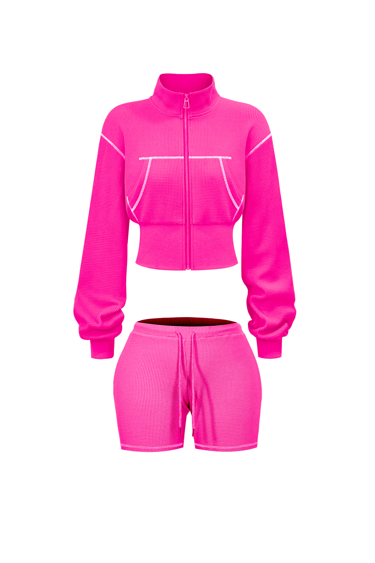 Custom Waffle Knit Girls Two Piece Set Summer 2025 Basic Zip up Jacket Embroidery Hoodie and Shorts Set Loungewear Women Sets