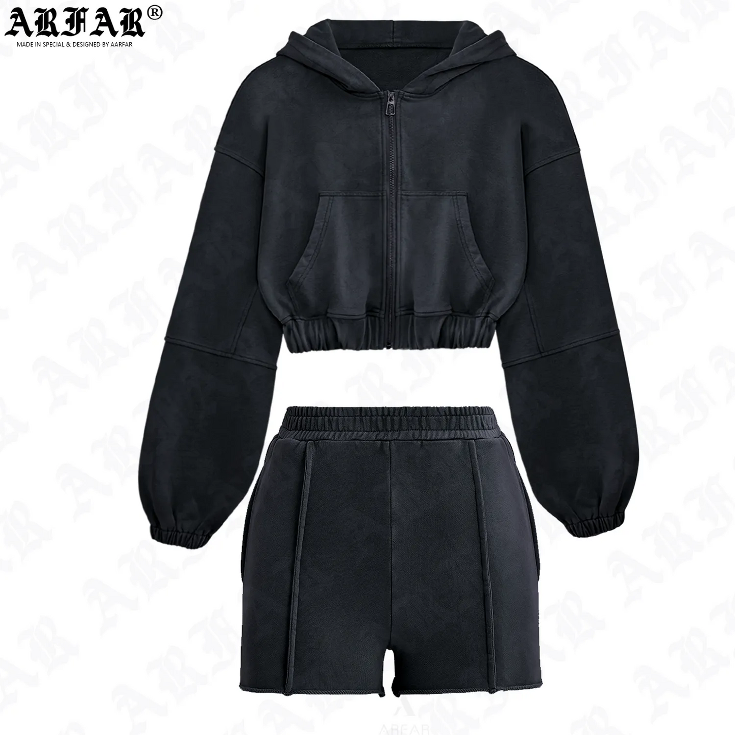 Blank Womens 2 Piece Velour Tracksuit Casual Long Sleeve Zip up Crop Top Acid Wash Distressed Hoodie and Shorts Set