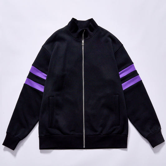 men black purple stripe tracksuit full zip stand collar jogger set men two piece tracksuit stand collar straight leg sweatpants soft fleece fabric relaxed fit daily casual gym training jogging
