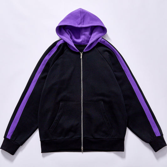 custom logo black purple color block hooded tracksuit two piece hooded tracksuit full zip hoodie wide leg sweatpants kangaroo pocket elastic waist wide leg pants daily casual streetwear jogging leisure travel