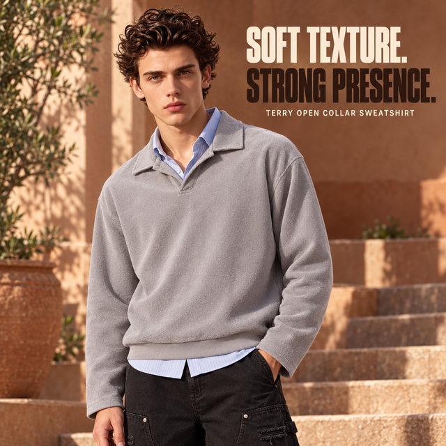 A80362 Light Grey washed terry open-collar sweatshirt, front styling view