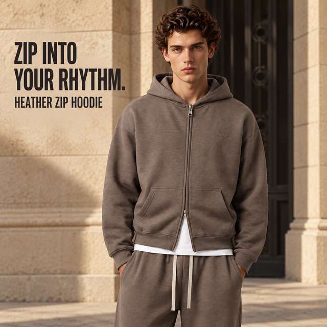 A9068 Taupe Brown embroidered heather two-way zip hoodie, front styling view