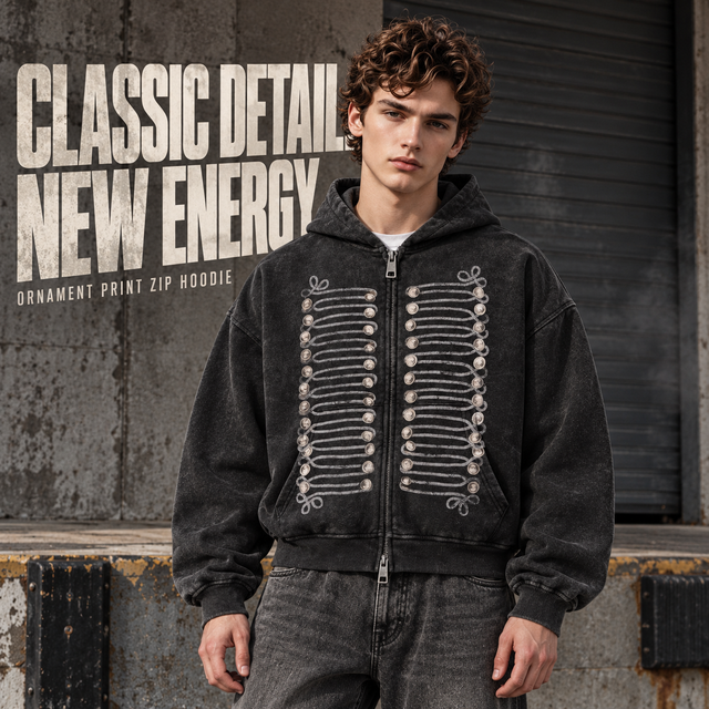 A9168 Snow Wash Black ornament print cotton two-way zip hoodie, front styling view
