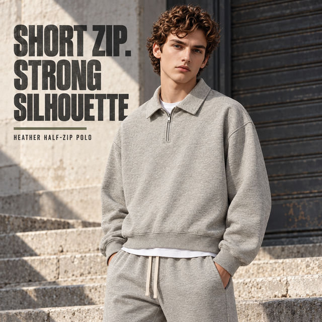 A92362 Oat Grey boxy heather half-zip polo sweatshirt, front styling view