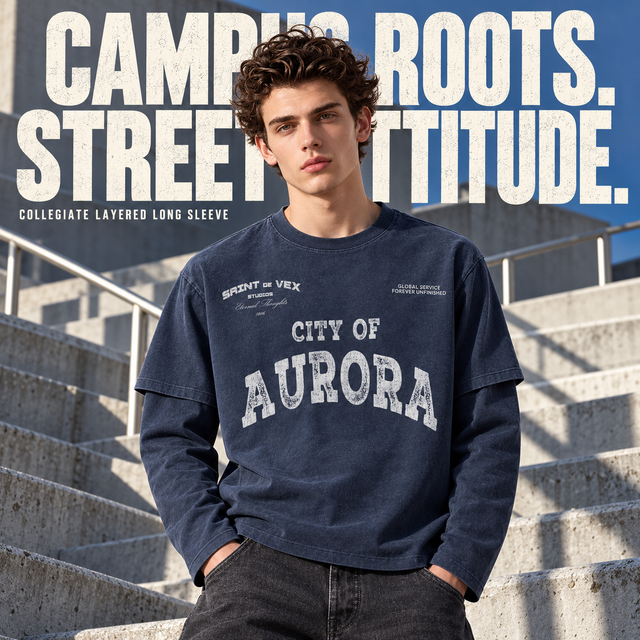 A9368 Royal Blue collegiate print layered-sleeve cotton t-shirt, front styling view
