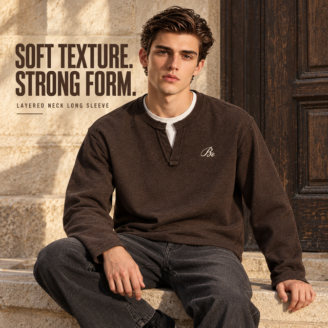 A9468 Coffee embroidered heather layered-neck long sleeve t-shirt, front styling view