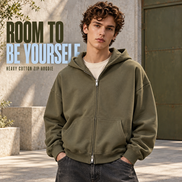 A96362 Army Green longline heavy cotton two-way zip hoodie, front styling view