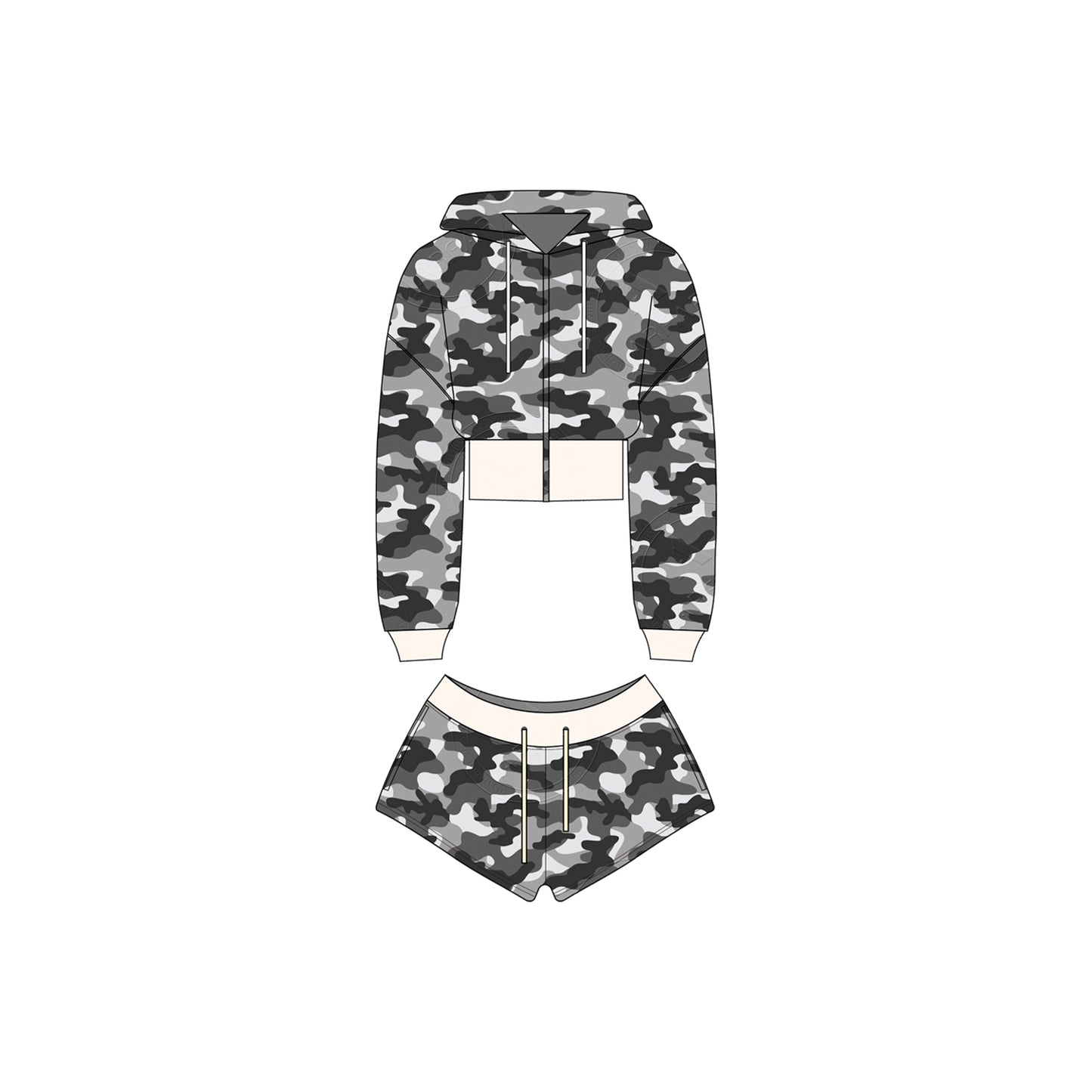 Women Camouflage Hoodie and Shorts Set Zip Heavyweight Cotton Fitness Cropped Long Sleeve Camo Shorts Set Casual Sweatshirt Set