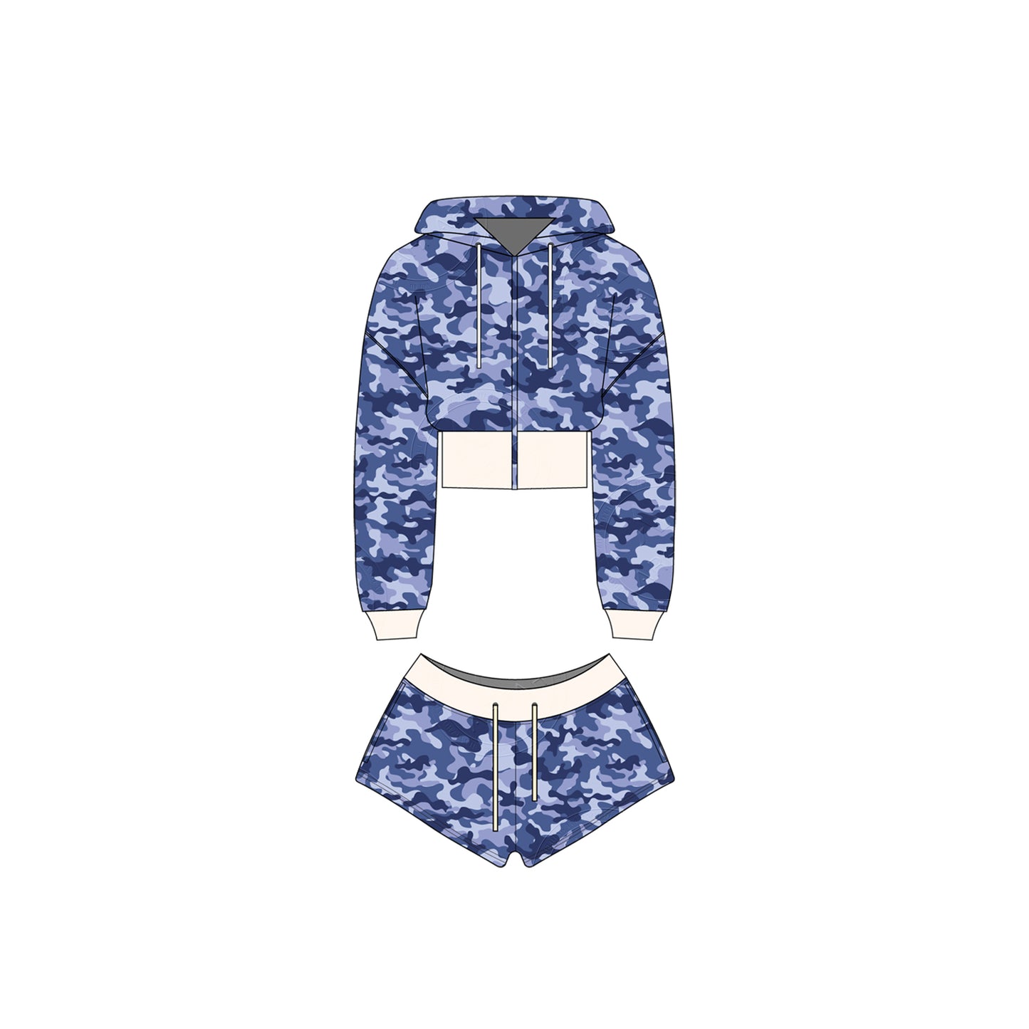Women Camouflage Hoodie and Shorts Set Zip Heavyweight Cotton Fitness Cropped Long Sleeve Camo Shorts Set Casual Sweatshirt Set