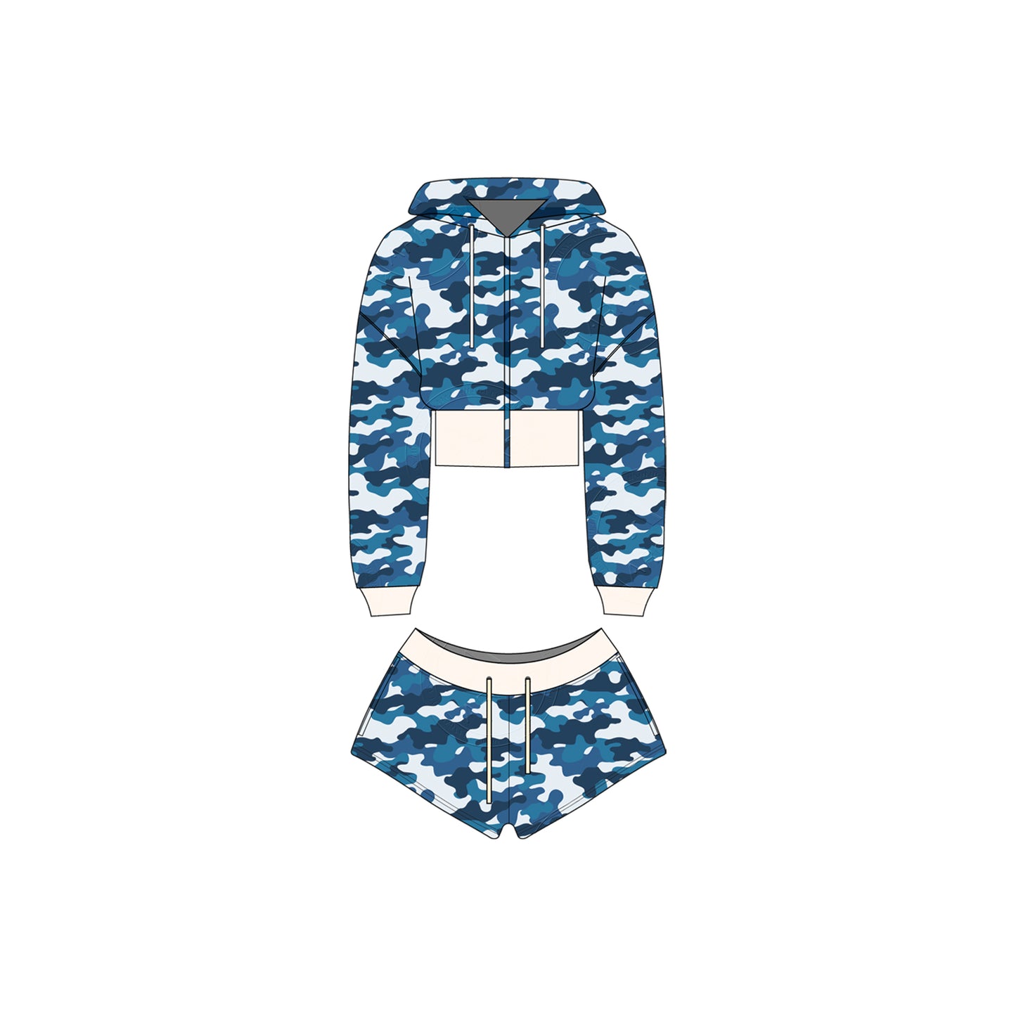 Women Camouflage Hoodie and Shorts Set Zip Heavyweight Cotton Fitness Cropped Long Sleeve Camo Shorts Set Casual Sweatshirt Set