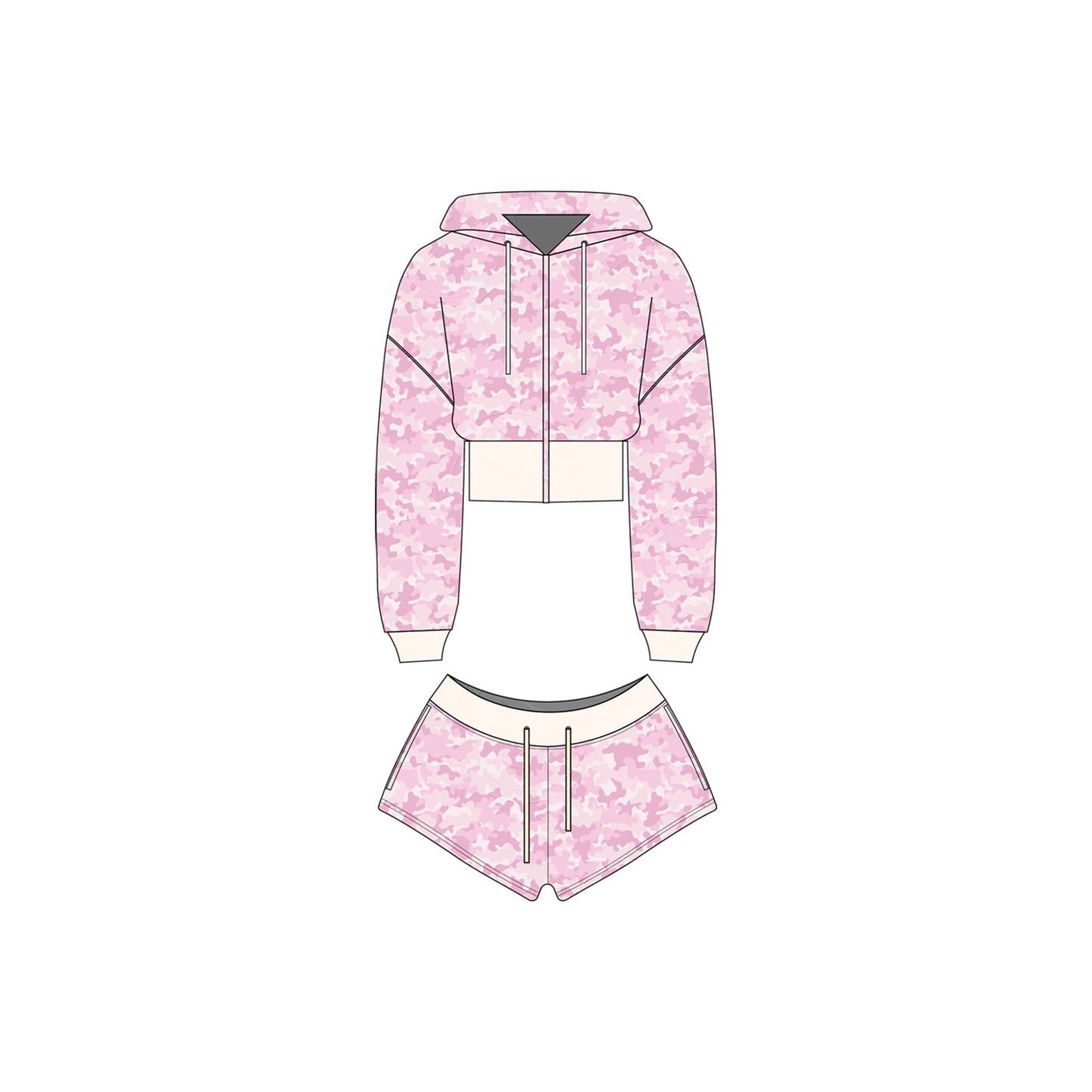 Women Camouflage Hoodie and Shorts Set Zip Heavyweight Cotton Fitness Cropped Long Sleeve Camo Shorts Set Casual Sweatshirt Set