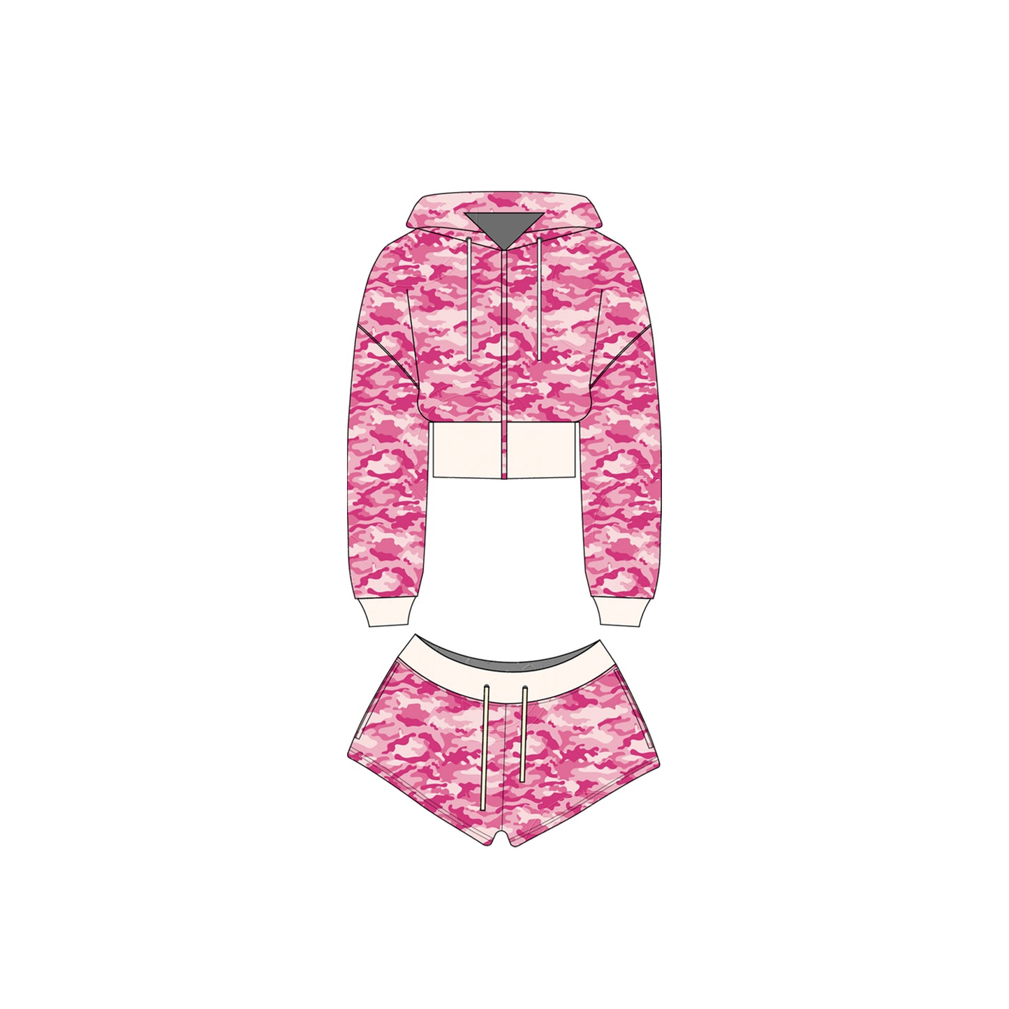 Women Camouflage Hoodie and Shorts Set Zip Heavyweight Cotton Fitness Cropped Long Sleeve Camo Shorts Set Casual Sweatshirt Set