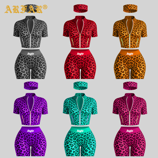Custom Summer Clothes for Women 2026 Outfit Cheetah Print Gold Zipper Yoga Jacket Shorts Workout 2 Piece Set Women Clothing