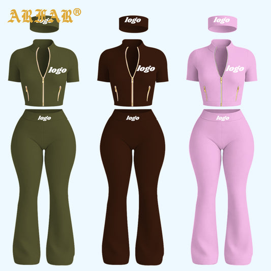 Y2k Women's Custom logo 3 Piece Tracksuit Set Gold Zipper Yoga Jacket Flare Pants with Headband Women Activewear Sets Supplier