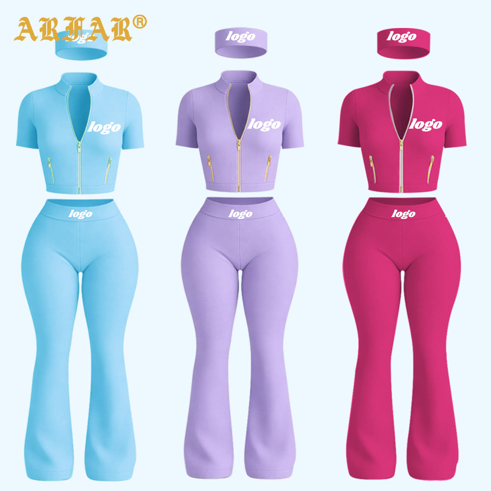 Y2k Women's Custom logo 3 Piece Tracksuit Set Gold Zipper Yoga Jacket Flare Pants with Headband Women Activewear Sets Supplier