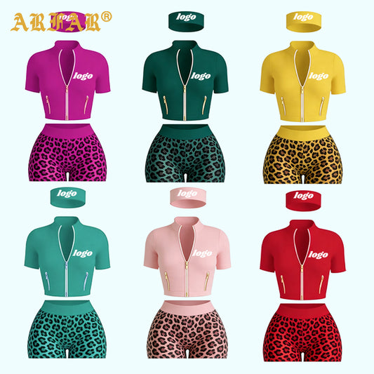 Women Streetwear Tracksuit Set Long Sleeve Jacket with Gold Zipper and Shorts Summer Cheetah Print Clothes for Women 2026 Outfit