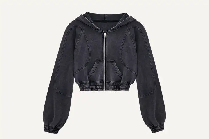 Acid-Wash Cropped Zip Hoodie