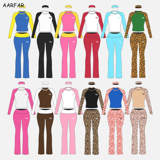 Fall Women Two Piece Set Custom Embroidered LOGO Women Jersey Cotton Raglan Sleeve TShirts and Flared Pants Tall girl friendly