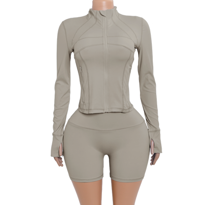 Custom Logo Two Piece Women Nylon Jacket Shorts Set pink Sport Outfit Fitness Gym Workout Wear Zipper Tracksuit Sets for Women