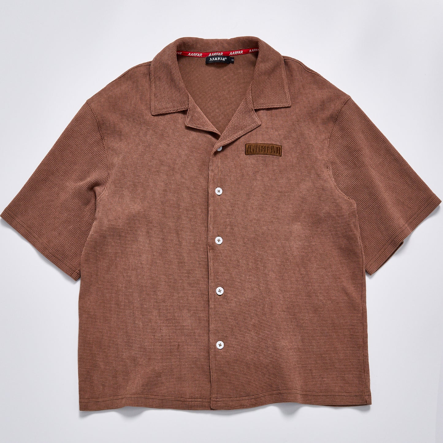 Custom Logo Waffle Knit Cuban Collar Short Sleeve Shirt Unisex Summer Button Down Loose Fit Casual Streetwear Vintage Brown Lapel Top