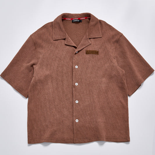 Custom Logo Waffle Knit Cuban Collar Short Sleeve Shirt Unisex Summer Button Down Loose Fit Casual Streetwear Vintage Brown Lapel Top