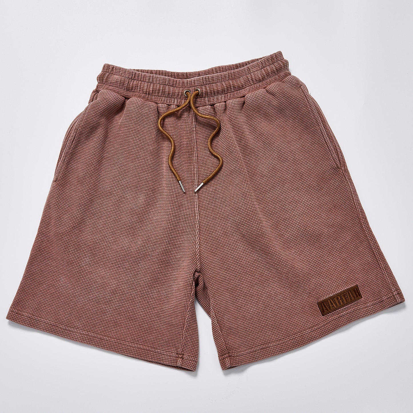 Custom Leather Label Waffle Knit Washed Shorts Unisex Summer Elastic Drawstring Loose Fit Casual Streetwear Vintage Textured Sweat Shorts