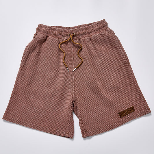 Custom Leather Label Waffle Knit Washed Shorts Unisex Summer Elastic Drawstring Loose Fit Casual Streetwear Vintage Textured Sweat Shorts