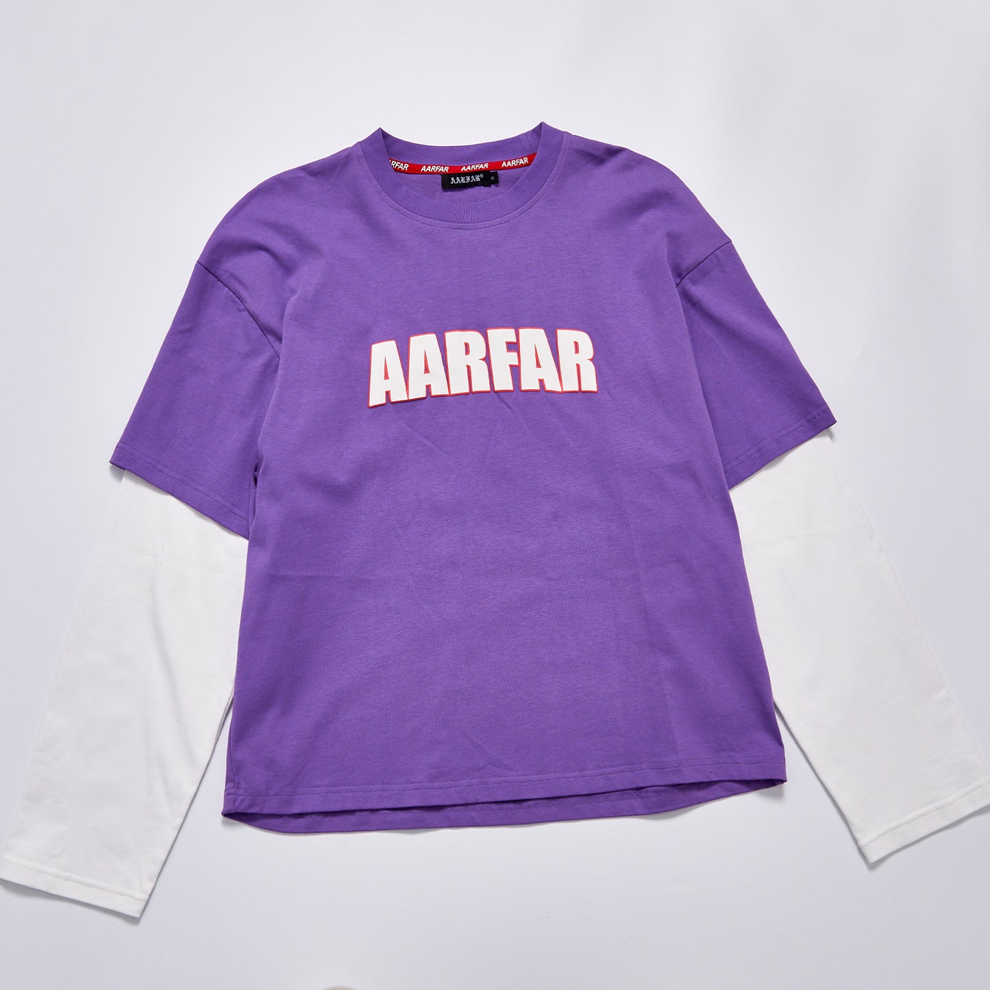 Fake Two Piece Contrast Color Long Sleeve T-Shirt Unisex Daily Crew Neck Letter Print Loose Tee Streetwear Casual Purple Layered Top