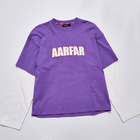 Fake Two Piece Contrast Color Long Sleeve T-Shirt Unisex Daily Crew Neck Letter Print Loose Tee Streetwear Casual Purple Layered Top
