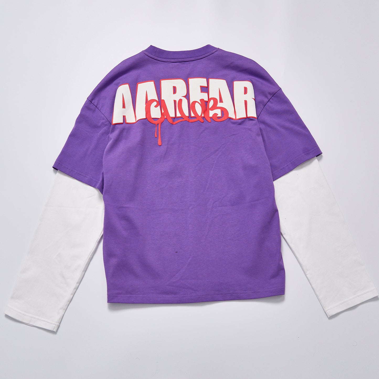 Fake Two Piece Contrast Color Long Sleeve T-Shirt Unisex Daily Crew Neck Letter Print Loose Tee Streetwear Casual Purple Layered Top